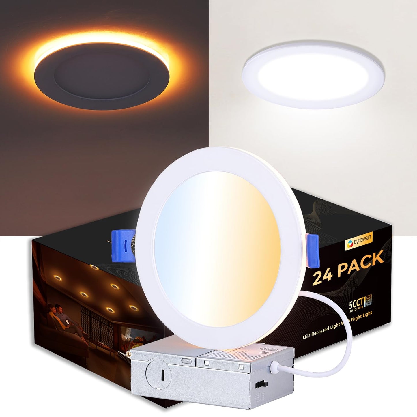CycevSun 24 Pack 6 Inch LED Recessed Lighting with Night Light - Canless Ultra Thin Wafer Downlight Soffit Pot, Dimmable & 5 Color Temperature Selectable, 12W, ETL & Energy Star