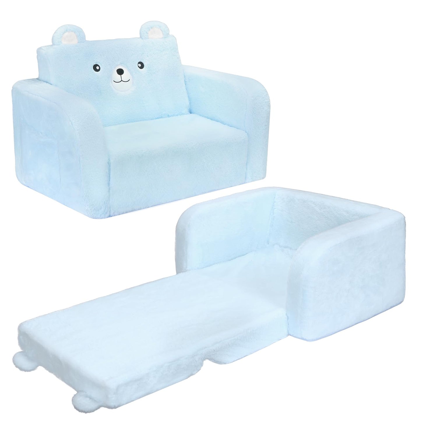 MONKISS Toddler Couch, 2-in-1 Kids Sofa Fold Out, Convertible Sofa to Lounger for Girls and Boys, Toddler Chairs Comfy 1-3 Years Old, SF04, Blue Bear