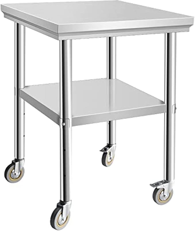 Stainless Steel Table - Metal Table Cart - Commercial Workbench with Caster Wheel - NSF Certified - for Restaurant, Warehouse, Home, Kitchen, Garage,24''x24''
