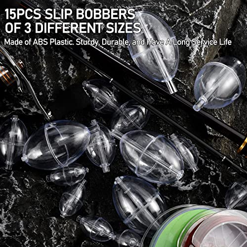 Alwonder Slip Bobbers Set for Fishing, 15PCS Fishing Slip Cast Spin Floats, 3 Sizes Clear Plastic Bobbers Kit, Oval Bubble...