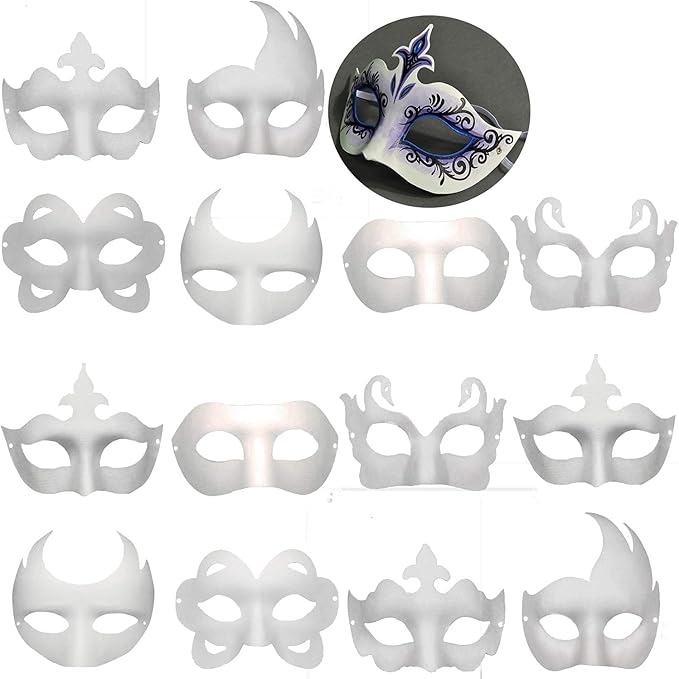 Timtop 14 PCS DIY White Masks Paper Half Face Masquerade Masks Craft Mardi Gras Mask Paintable Blank Halloween Party Mask