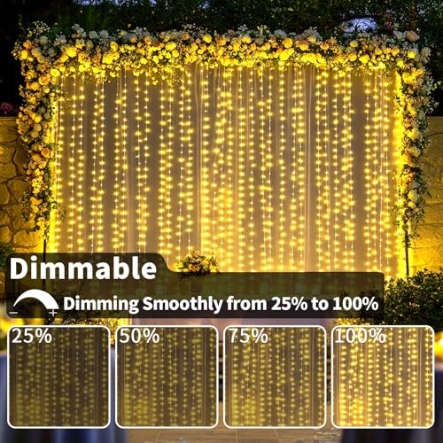 Ryblgled Battery Operated Curtain Lights 300 LED - 10ftx10ft Warm White Battery Power Fairy Curtain String Lights with Rem...