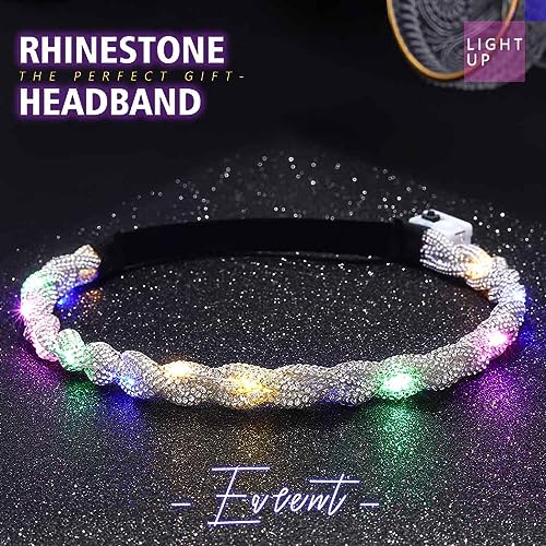 EARENT Light Up Rave Headband Silver Glow Rhinestone Hair Accessories for Women