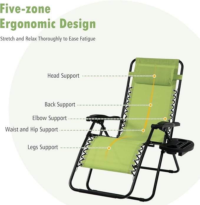 Tangkula Zero Gravity Chair, Folding Patio Lounge Chair Adjustable Outdoor Recliner with Cup Holder, Wide Armrest for Patio Garden Poolside Outdoor Yard Beach, Support 350 lbs (1, Green)