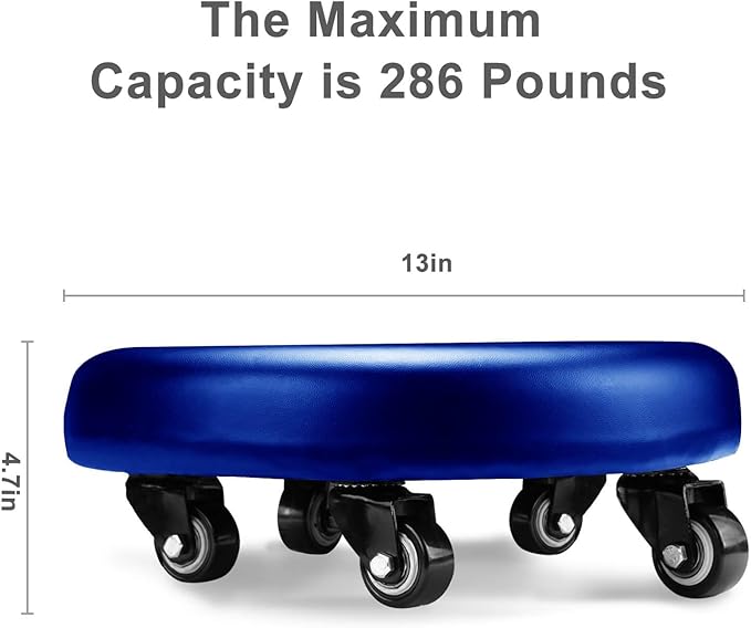 IMMER LIEBEN Low Rolling Stool with Wheels Low to Ground Roller Seat with 5 Universal Wheels Step Stool for Home Office Garage Shop Stools PU Leather High Density Cushion and Steel Sky Blue