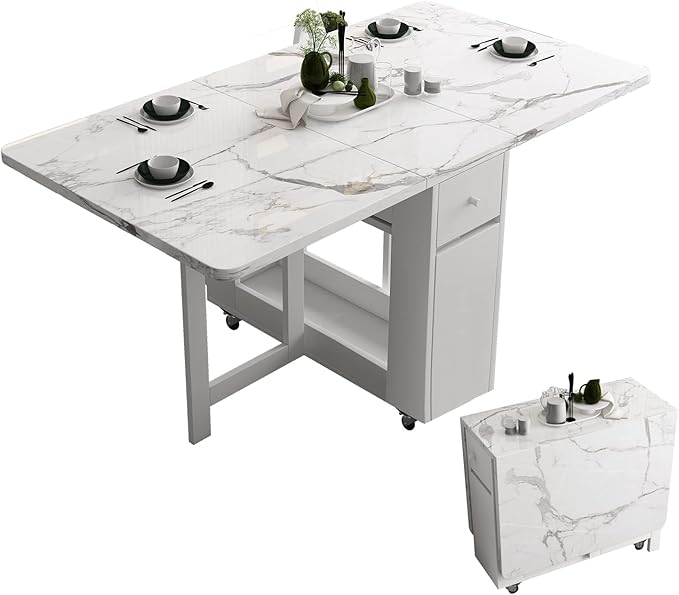 FUNROLUX Folding Dining Table with Rack and 2 Storage Drawers, Movable Extendable Space Saving Kitchen Table in 3 Forms (W...
