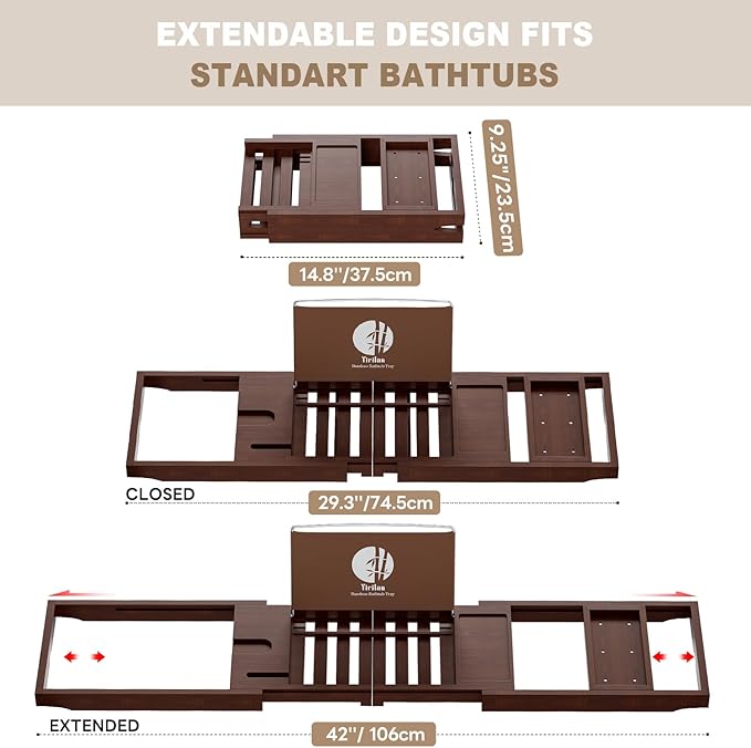 Yirilan Bamboo Bathtub Tray Caddy, 1 or 2 Person Expandable Wooden Bathroom Tray,Bath Tub Table Caddy with Extending, Brown