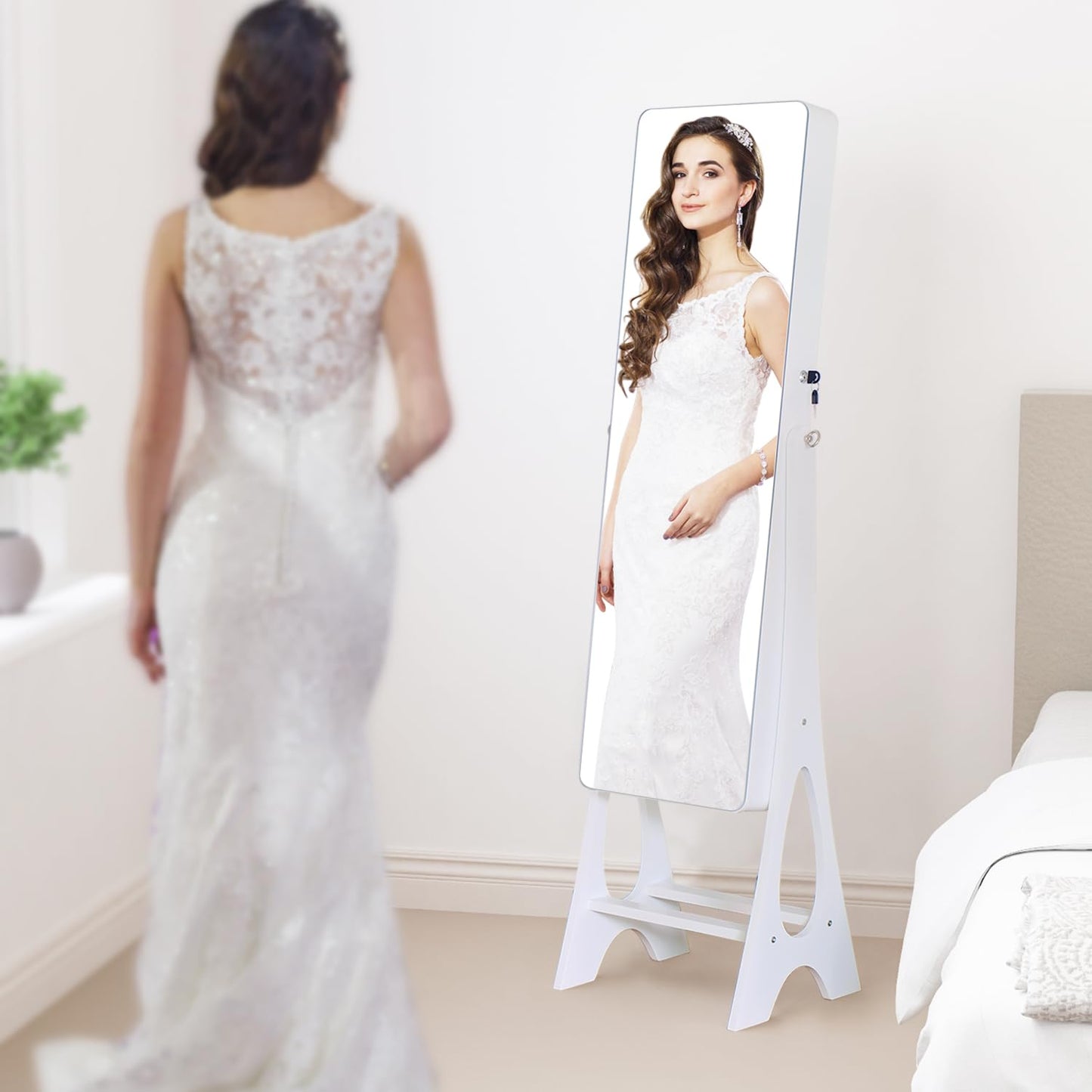 MASMIRE Mirror Jewelry Cabinet Standing, Full Length Mirror Jewelry Armoire Jewelry Organizer Lockable Jewelry Storage for Women Girl Full-Length Frameless LED Lights 6 Drawers Lockable White