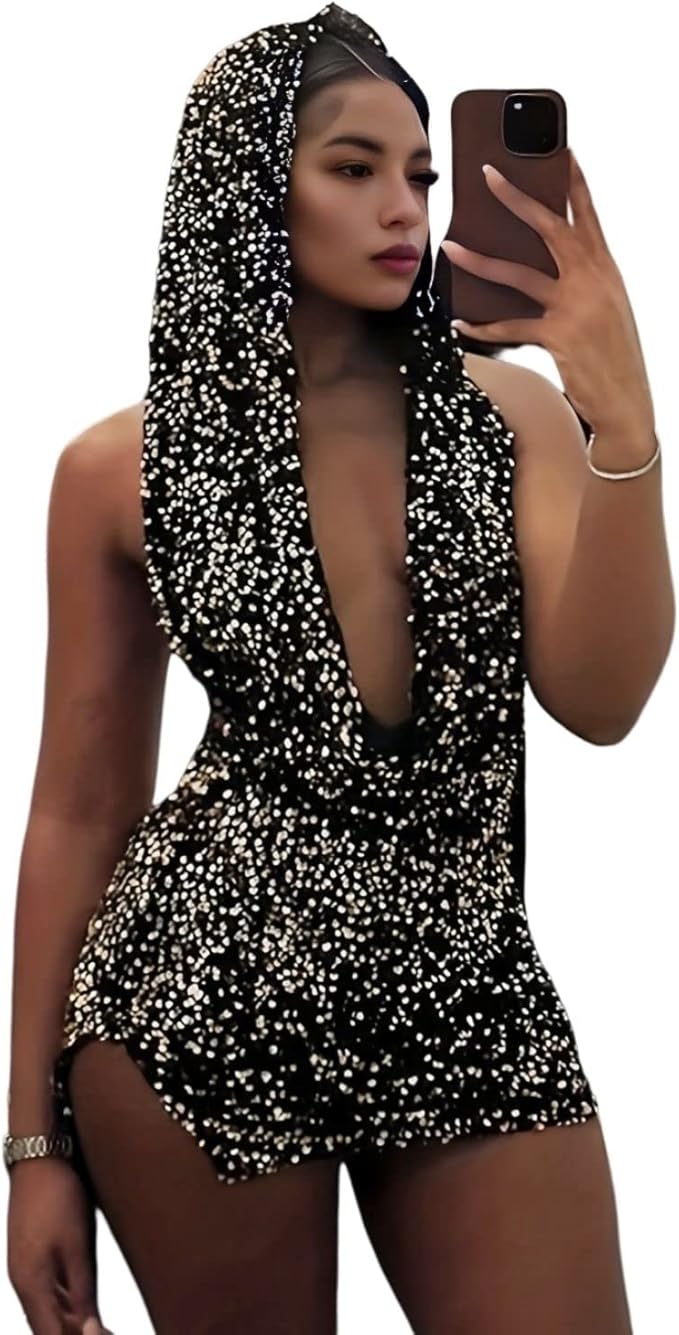 Novaorily Women Sexy V-Neck Bodycon Sequin Mini Dress Hooded Sparkly Dresses for Party Club Night