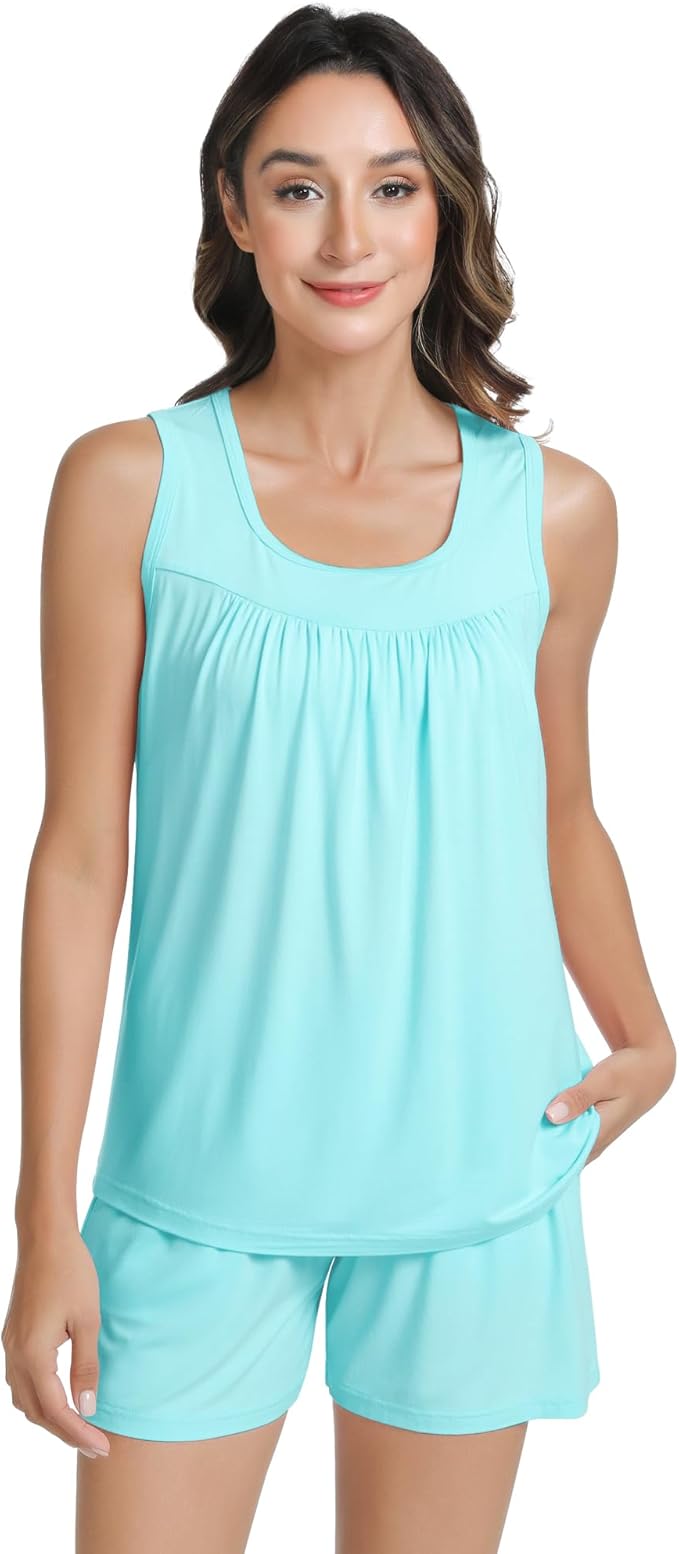 NACHILA Pajamas for Women-Viscose from Bamboo, Ribbed Racerback Tank Top Sexy Split Shorts Pajama Sets Cooling Sleep Cami Pjs