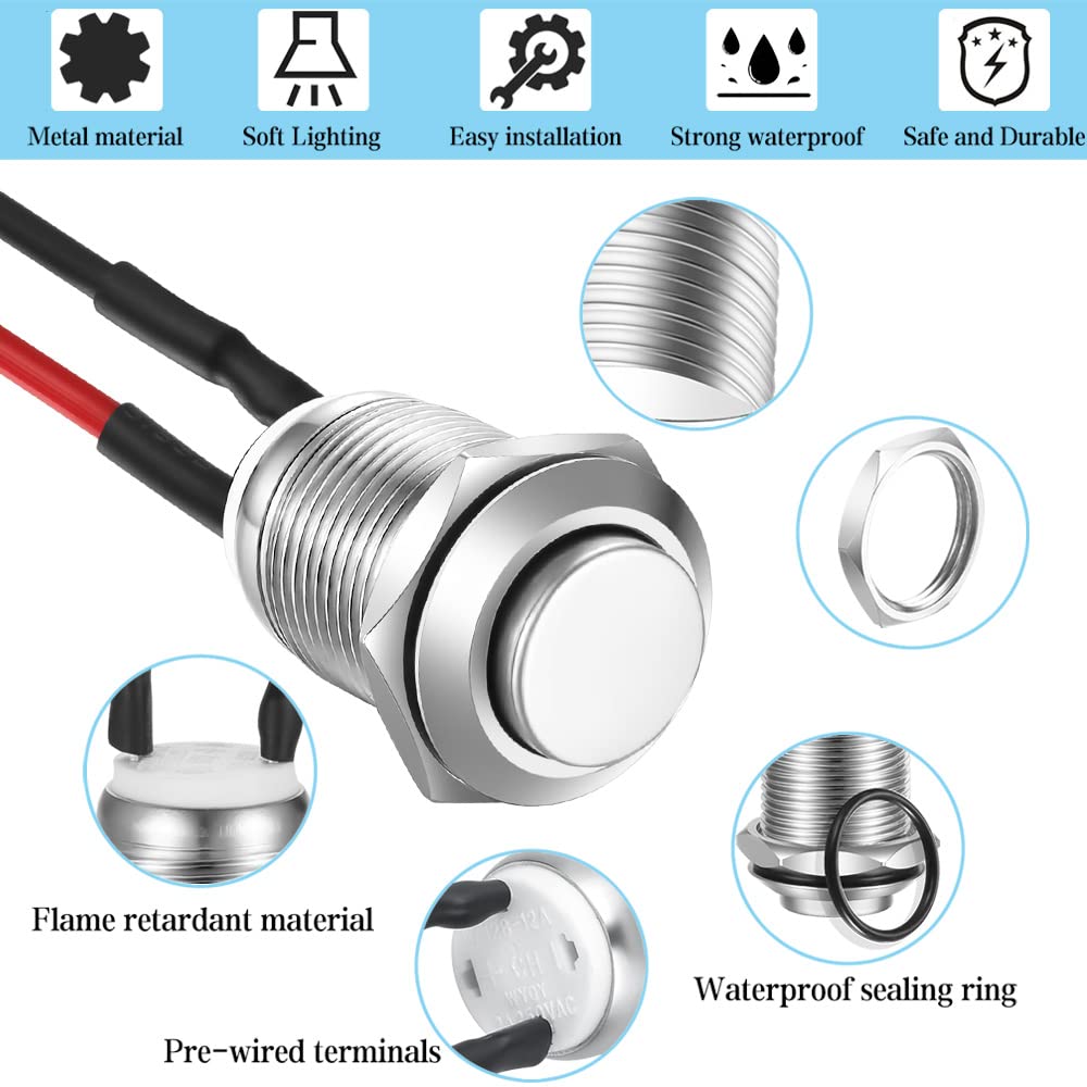 Gebildet 3 Pcs 12mm Prewired High Head Waterproof Push Button Latching 2A 12V/24V/125V/250V AC Self-Locking Stainless Steel Push Button On Off