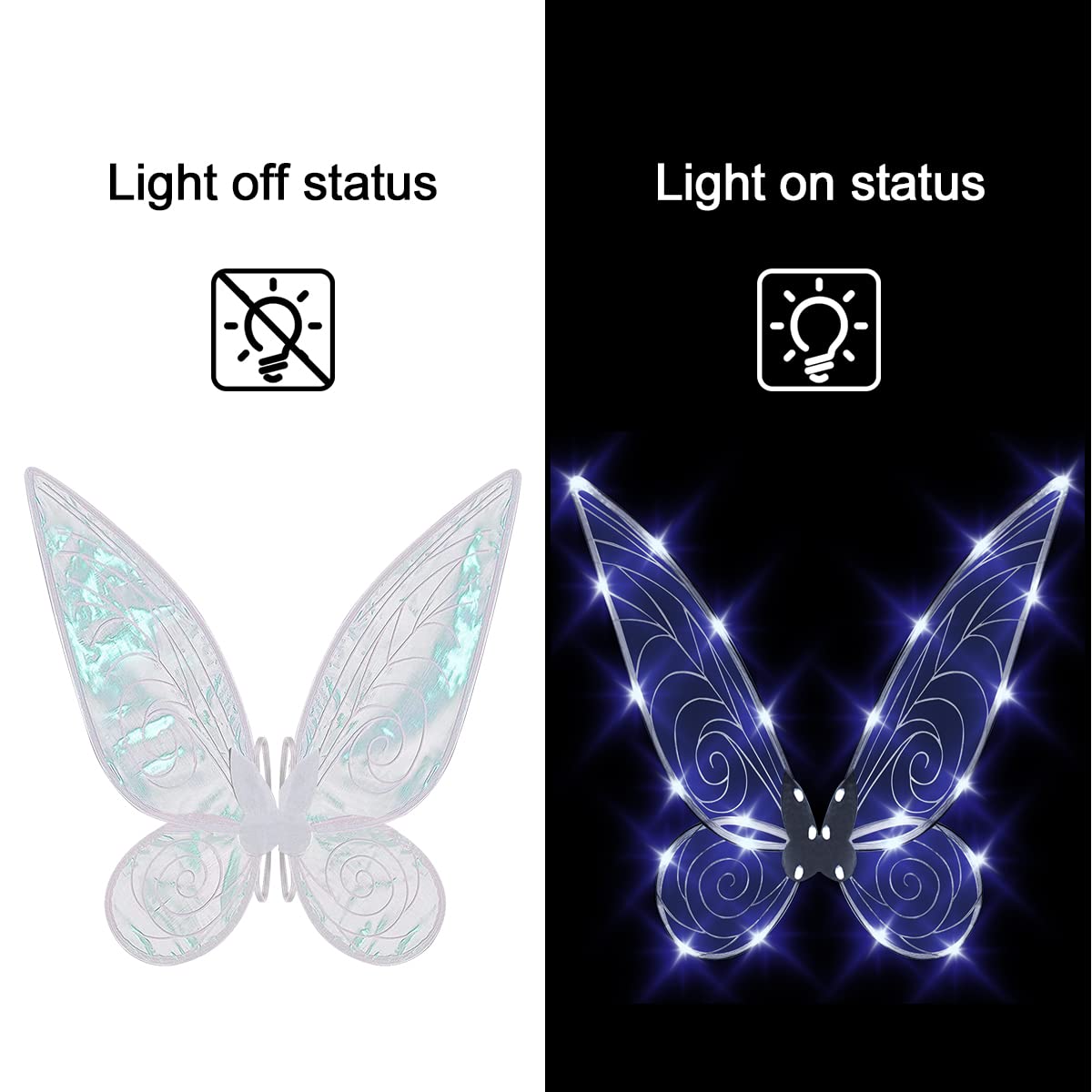 quescu Fairy Wings for Girls,Light up Butterfly Wings for Adults,LED Fairy Costume for Women Halloween Dress Up Party Favor (White)