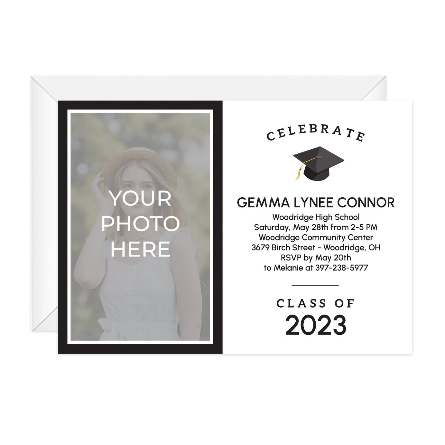 Personalized Graduation Celebrate Photo Invitations / 25 Black And White Custom Graduate Photo Party Invites With White Envelopes / 5" x 7" Flat Modern Grad Cap Invitation/Made In The USA