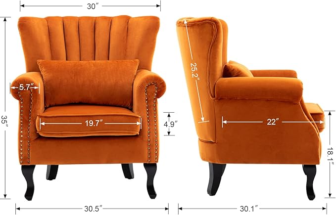 DM Furniture Mid Century Accent Chair Modern Tufted Wingback Armchairs Club Chair Velvet Single Sofa Lounge Chair with Pillow for Living Room, Orange