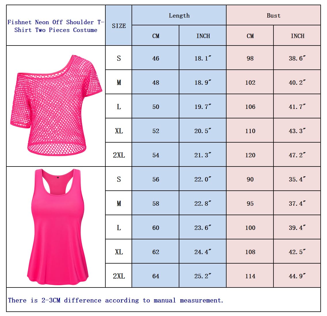 Yuriko 80s Outfit Party Costumes Fishnet Neon Off Shoulder T-Shirt Two Pieces With Fancy Dress Costume Accessories(Pink 2XL)