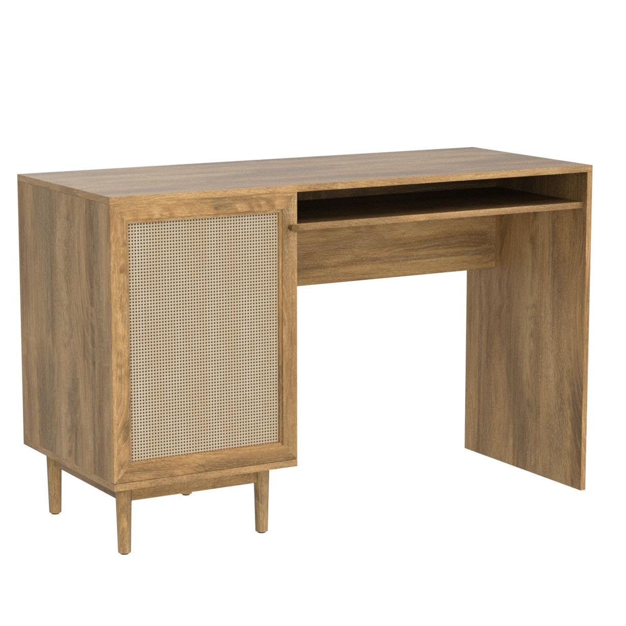mopio Haylee Boho Farmhouse Writing Desk, with Natural Rattan Exterior Door, Ample Storage, Adjustable Shelves, for Study, Vanity, Makeup, & Work, in Bedroom, Home Office