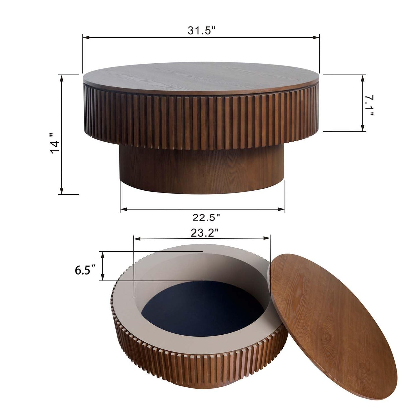 Round Coffee Table with Storage, Modern Wooden Coffee Table with Solid Wood Veneered, Circle Center Table Accent Tea Table for Living Room Apartment Small Space (31.5''L × 31.5''W × 14''H, Walnut)