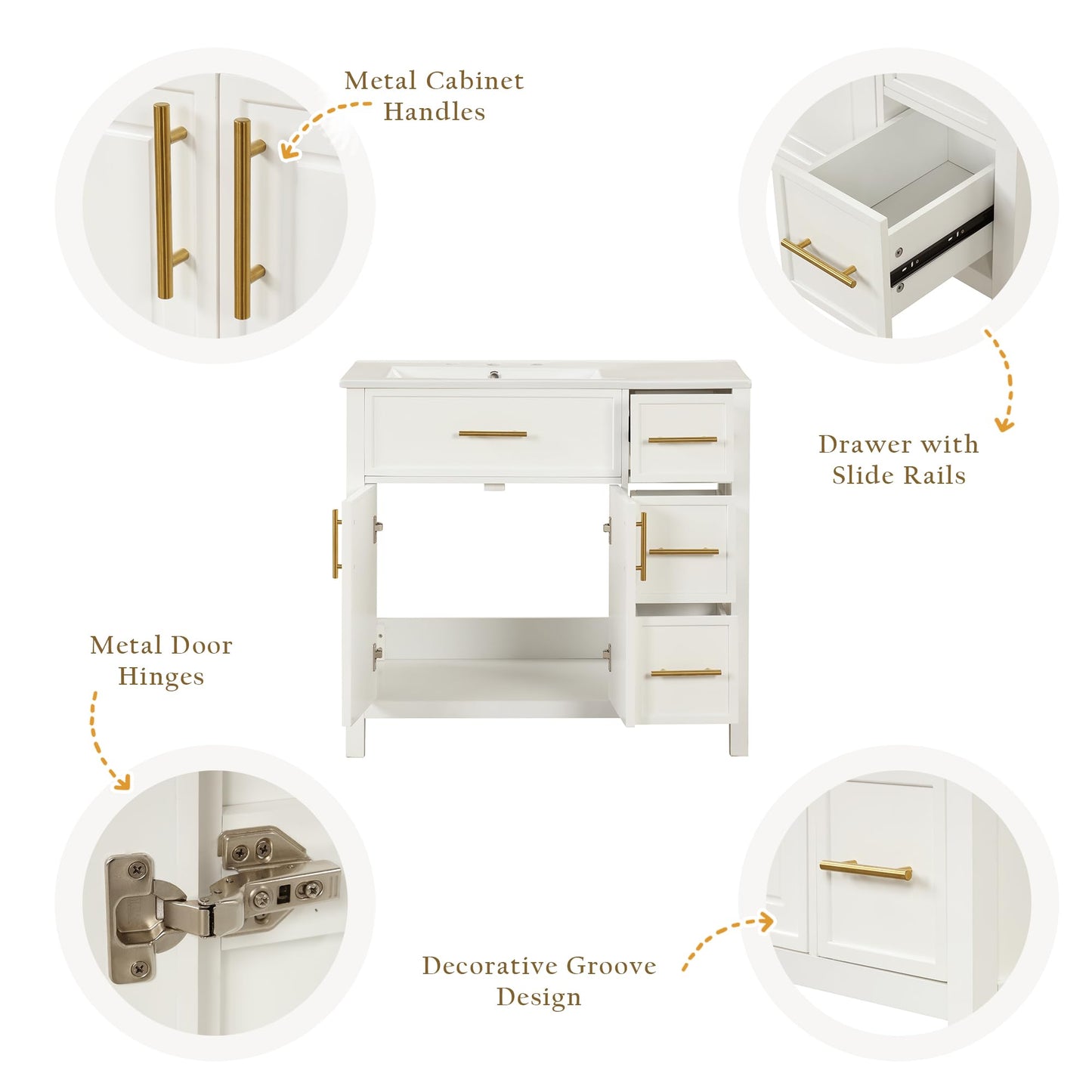 Favfurish 36" Bathroom Vanity with Sink Combo,Bathroom Vanity Cabinet with Two Soft-Closing Doors and Four Drawers,Free Stading Vanities w/Gold Handler,for Bathroom,Easy Assembly,White