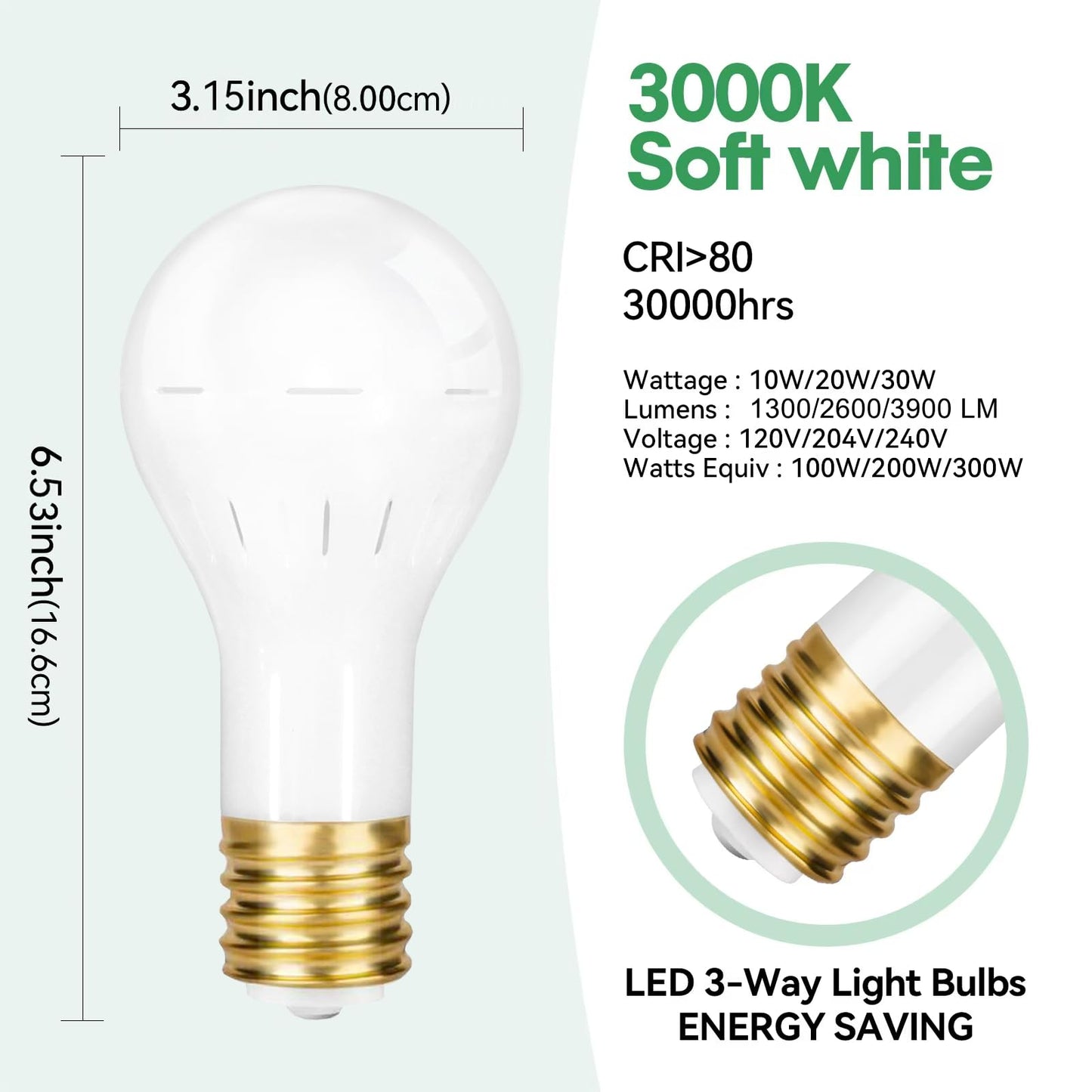 GEPLAD 2-Pack Mogul Base 3 Way LED Light Bulb, 10/20/30W, 100/200/300 Watt Equivalent, Soft White 3000K, for Antique Floor Lamp