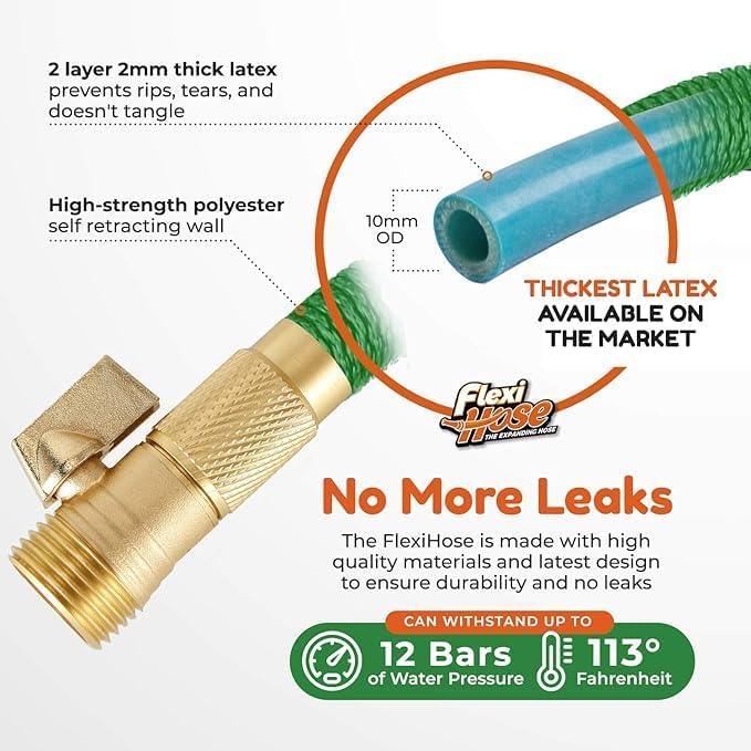 Flexi Hose with 8 Function Nozzle, 25FT - Lightweight Expandable Garden Hose, No-Kink Flexibility, 3/4 Inch Solid Brass Fittings and Double Latex Core - Green