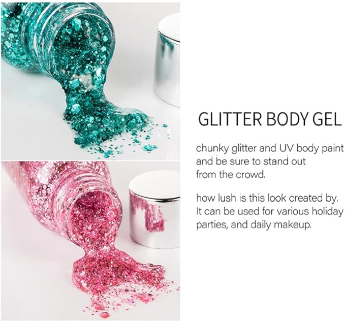 Mermaid Sequins Body Glitter Gel, Make Up Long Lasting Glitter for Body Face Hair Eyeshadow, Music Festival Party Carnival Long Lasting Face Glitter, No Glue Needed and Easy to Remove. (Silver)