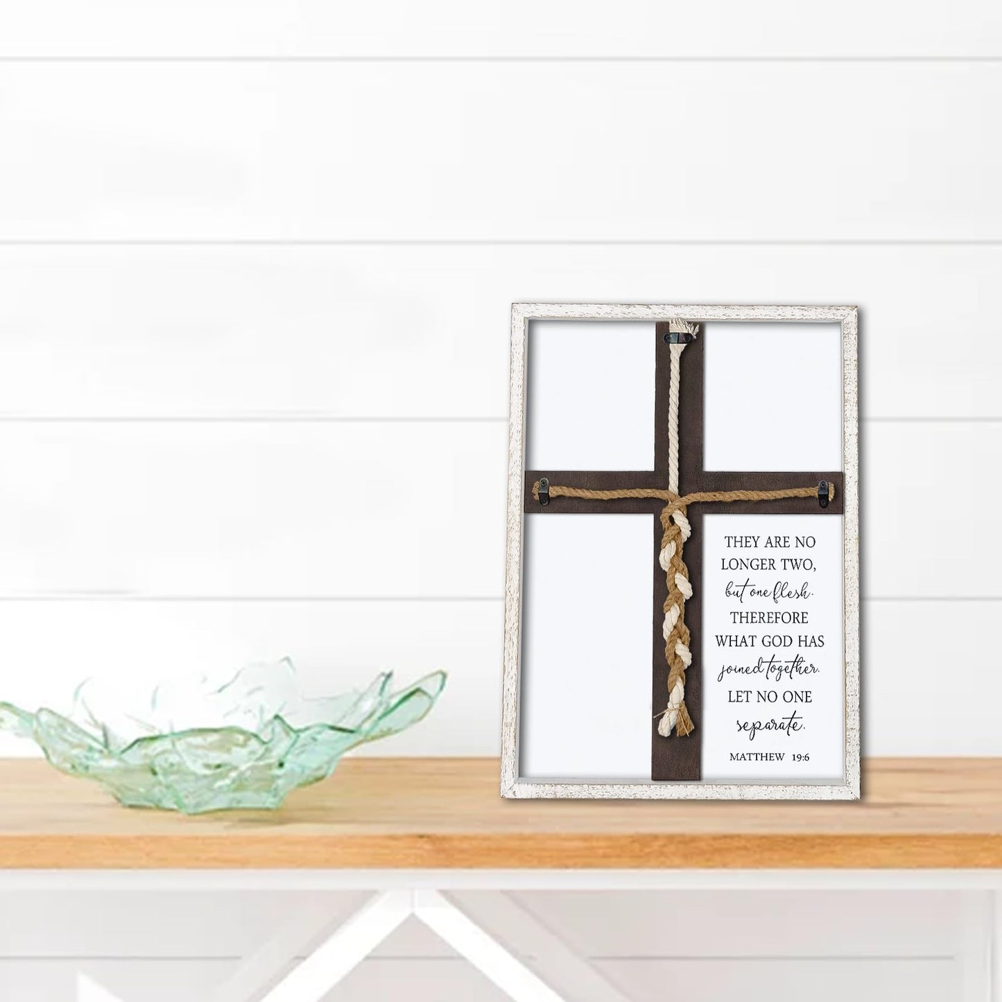 Matthew 19:6 What God Has Joined Sign 15"X10" Cord of Three Strands Braid for Wedding Ceremony Cross Ideas Wood Frame Christian Marriage Gifts Decor for Couple Anniversary Religious (White)