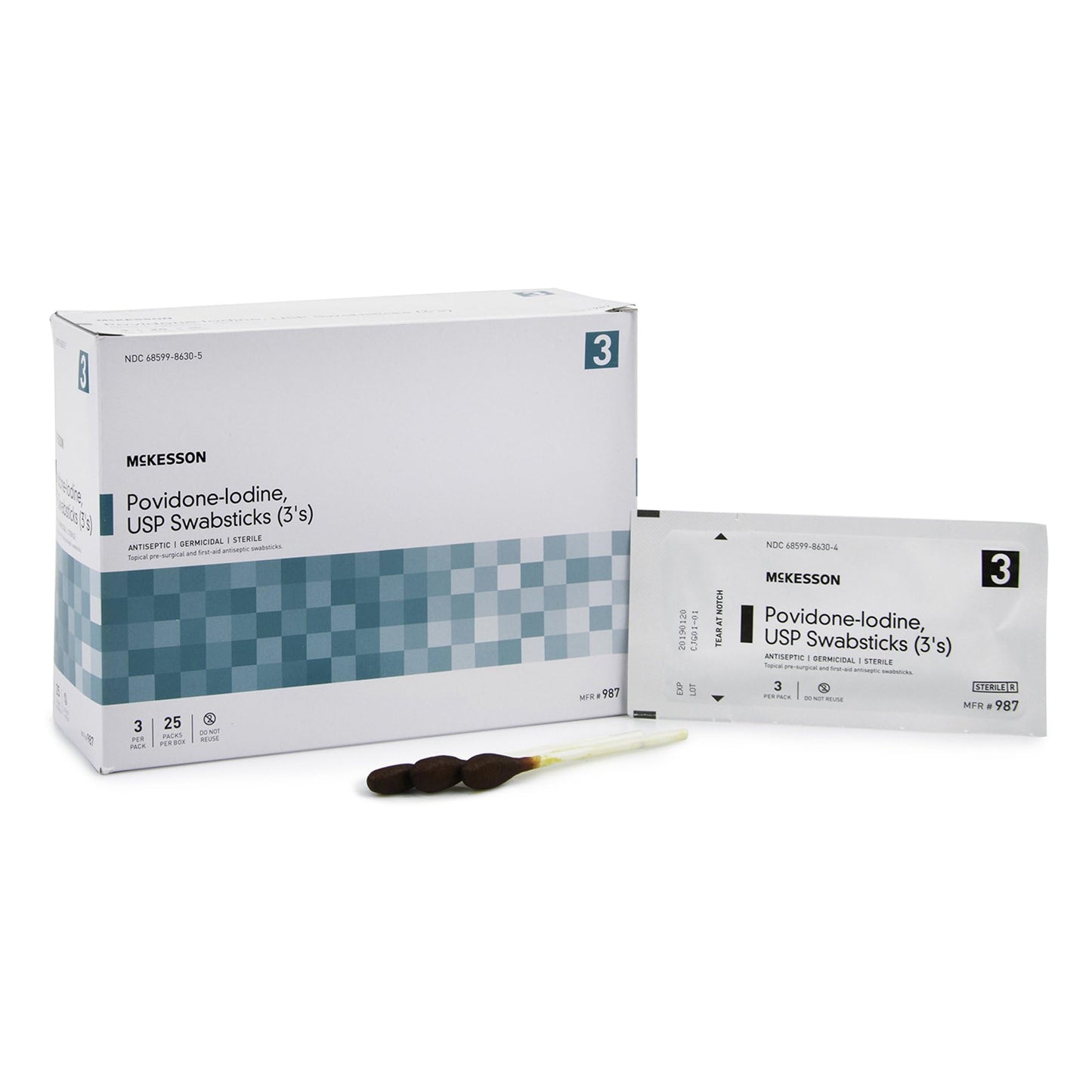 McKesson Povidone Iodine 10% Swabs Stick [75 Sticks], Sterile Swabsticks, Topical Pre-Surgical and First Aid, 3 Per Pack, 25 Packs
