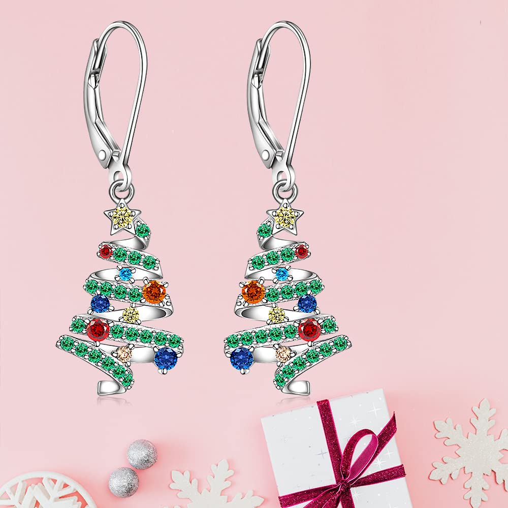 Christmas Earrings Christmas Tree Earrings for Women Dangle Drop S925 Sterling Silver Leverback Holiday X Mas Jewelry