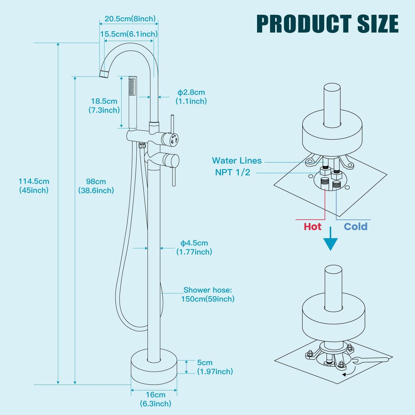 gotonovo Floor Mount Bathtub Faucet High Flow Freestanding Tub Filler Standing Shower Faucets with 360° Swivel Gooseneck Spout and Cylinder Handheld Spray, Brushed Gold