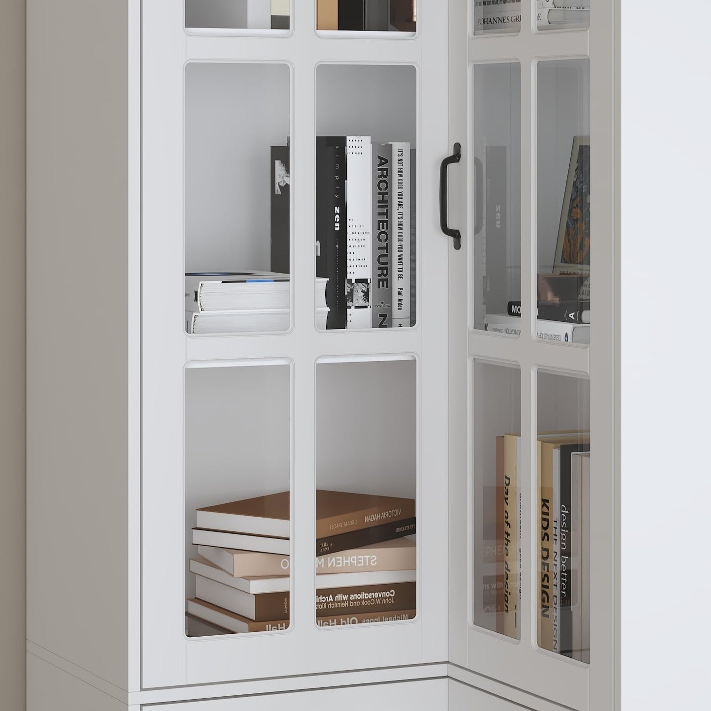 ROMSHINE Corner Bookshelf with Glass Doors, L-Shaped Bookcase with 5-Tier Shelf, 78.9" Tall Kitchen Corner Storage Cabinet, Grilles Glass Display Cabinet for Living Room Home Office, White