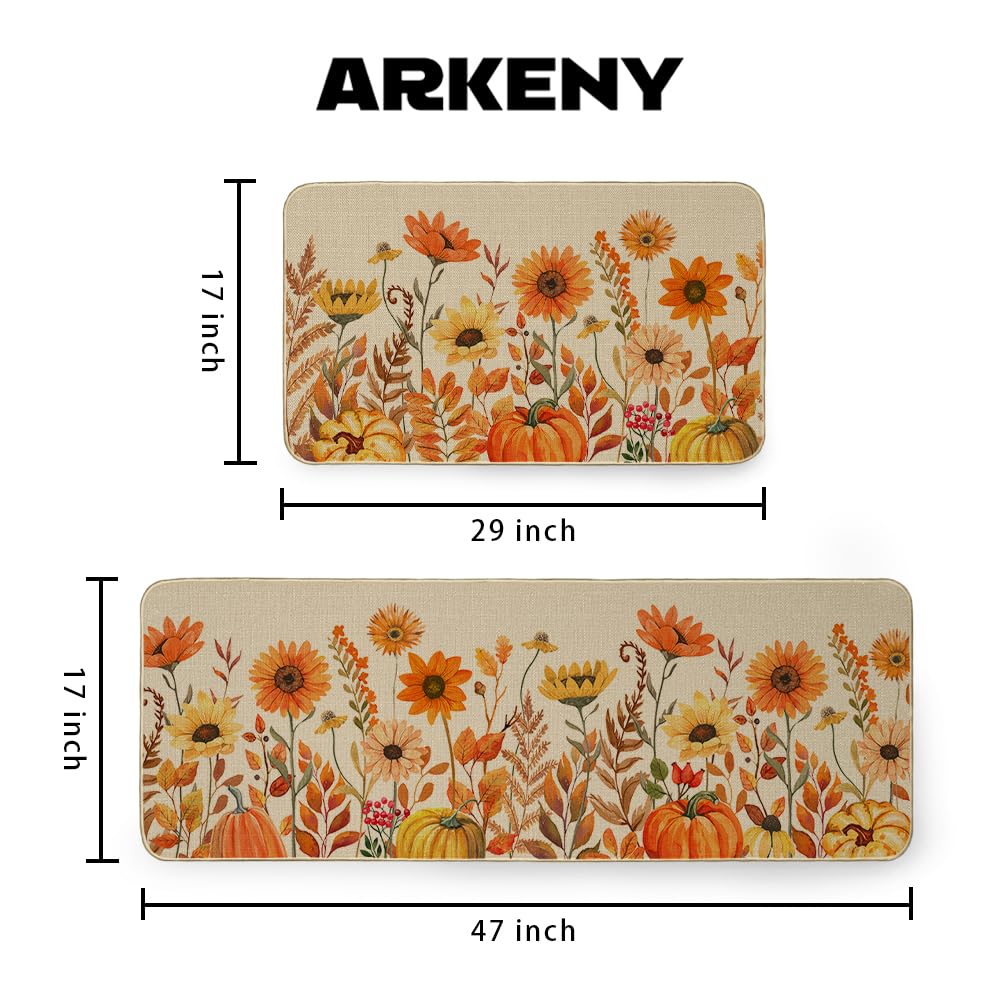 ARKENY Pumpkin Sunflower Fall Kitchen Mats Set of 2, Autumn Kitchen Mats for Floor,Thanksgiving Non Skid Washable Kitchen Rugs and Mat - 17x29 and 17x47 Inch-AKM078