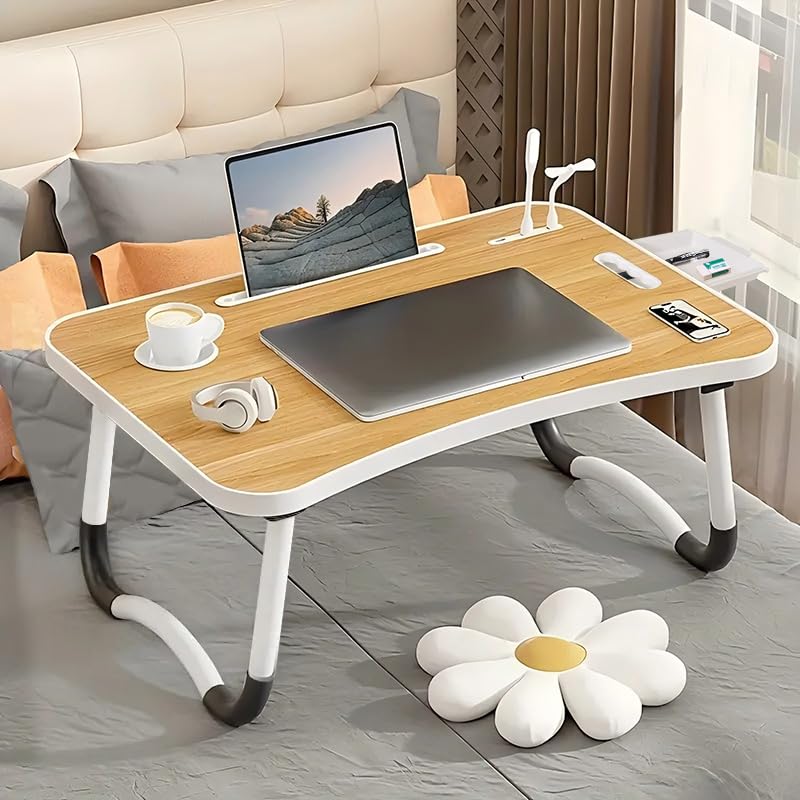 INNOVATIVE LIFE Foldable Laptop Table, Portable Lap Desk Bed Table Tray, Laptop Stand with Cup Holder & Tablet Slot & Lifting Handle for Working Writing Drawing & Eating, Wood