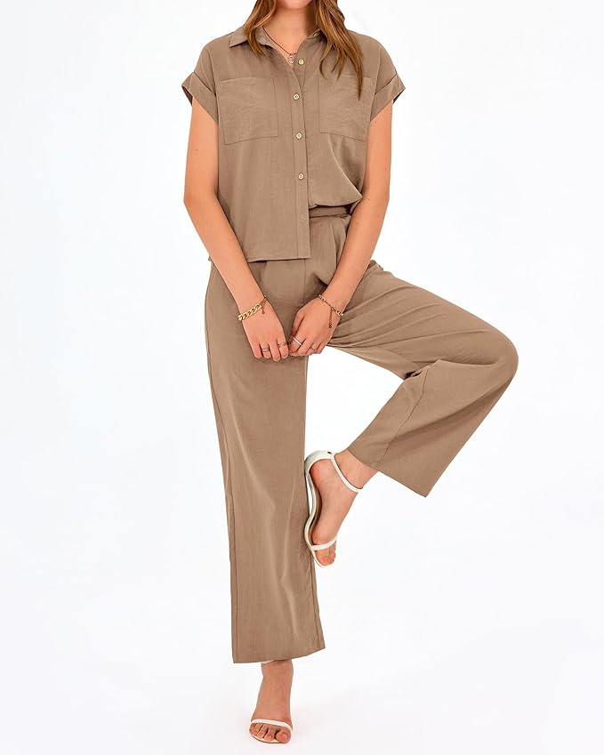 PRETTYGARDEN Womens 2 Piece sets Summer Cap Sleeve Tops Palazzo Pants Dressy Casual Vacation Travel Outfits Tracksuits