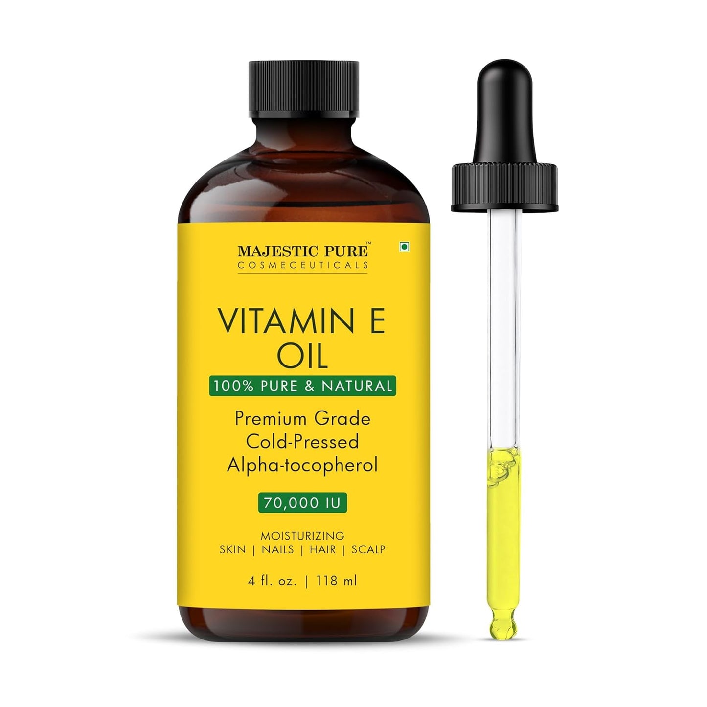 Majestic Pure Vitamin E Oil - 100% Pure & Natural, 70,000 IU | Premium Grade, Cold-Pressed and Tocopherol to Repair Dry, Damaged Skin| Moisturizing Skin, Hair and Scalp 4 Fl Oz