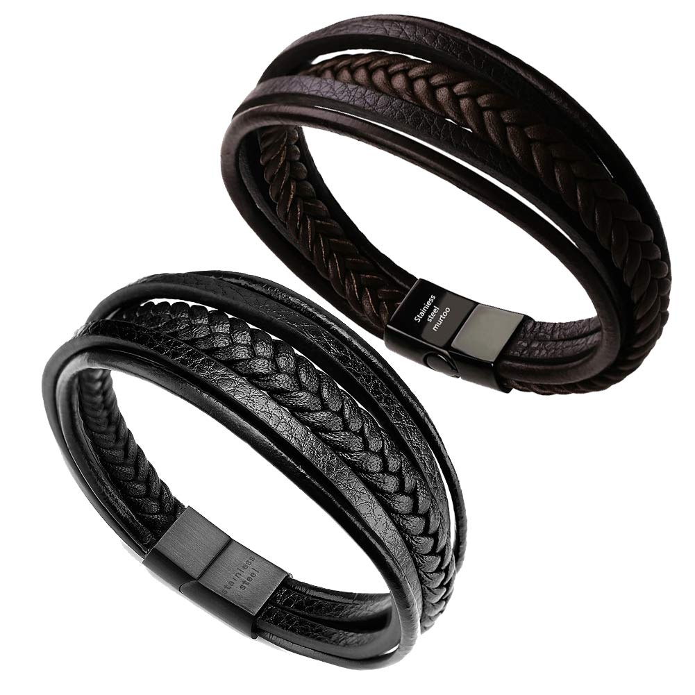 murtoo Mens Leather Bracelet with Magnetic Clasp Cowhide Multi-Layer Braided Leather Mens Bracelet (Brown&Black, 7.5)