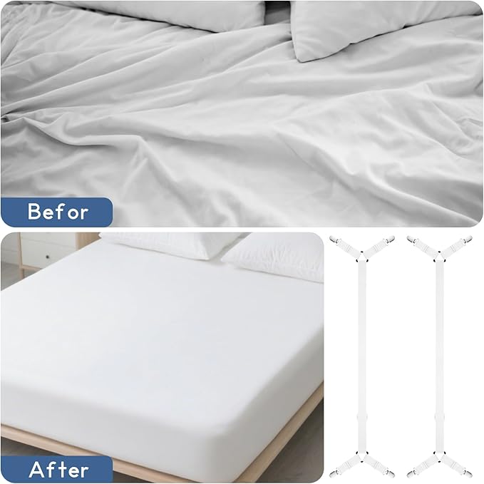 CHRORINE Bed Sheet Holder Straps Adjustable Sheet Fasteners Clips Keep Bedding Stays in Place, 2 Pcs/Set, White