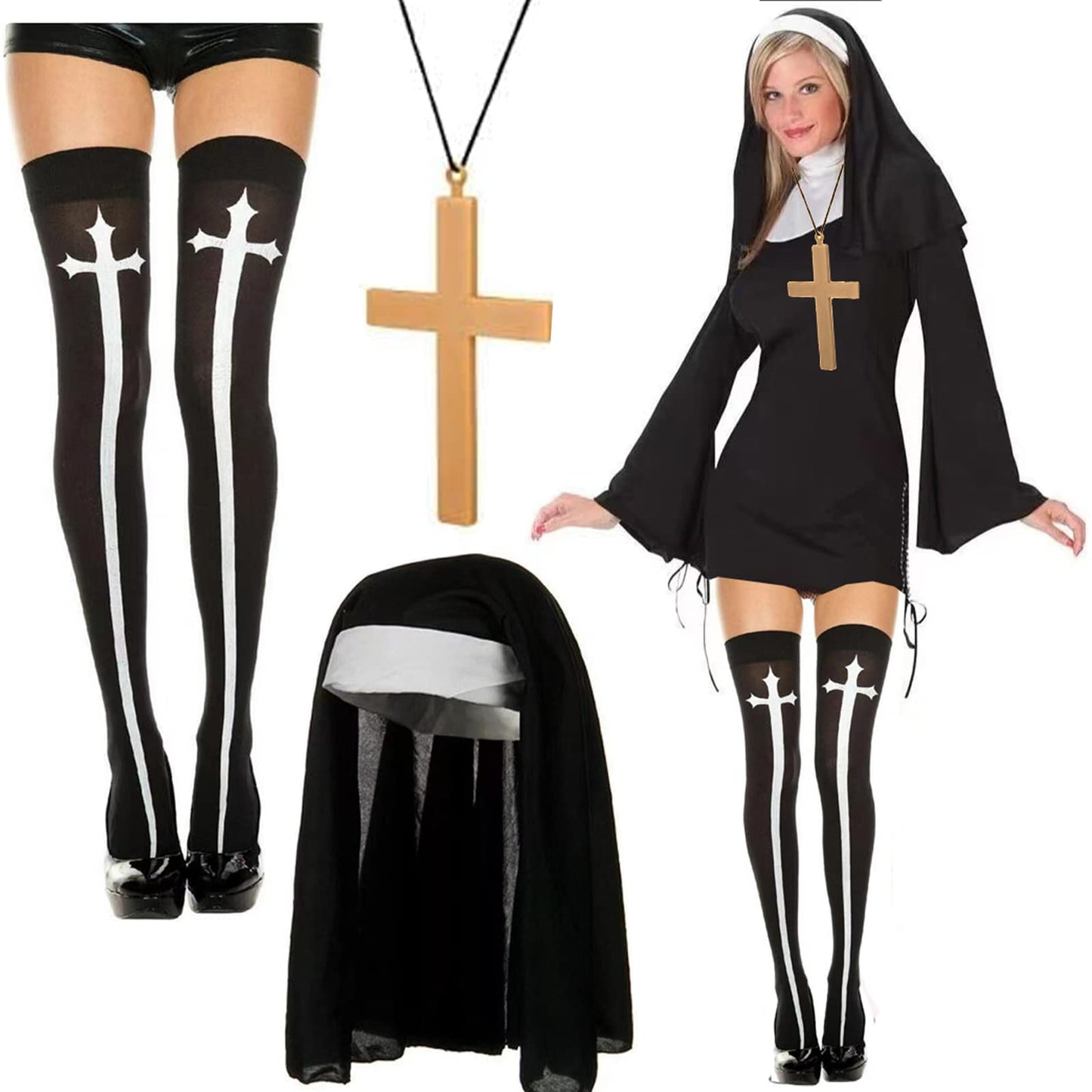 Halloween Nun Costume Accessories for Women, Catholic Nun Costume Hat Gold Cross Pendant Necklace Knee Thigh High Stockings for Halloween Cosplay Party