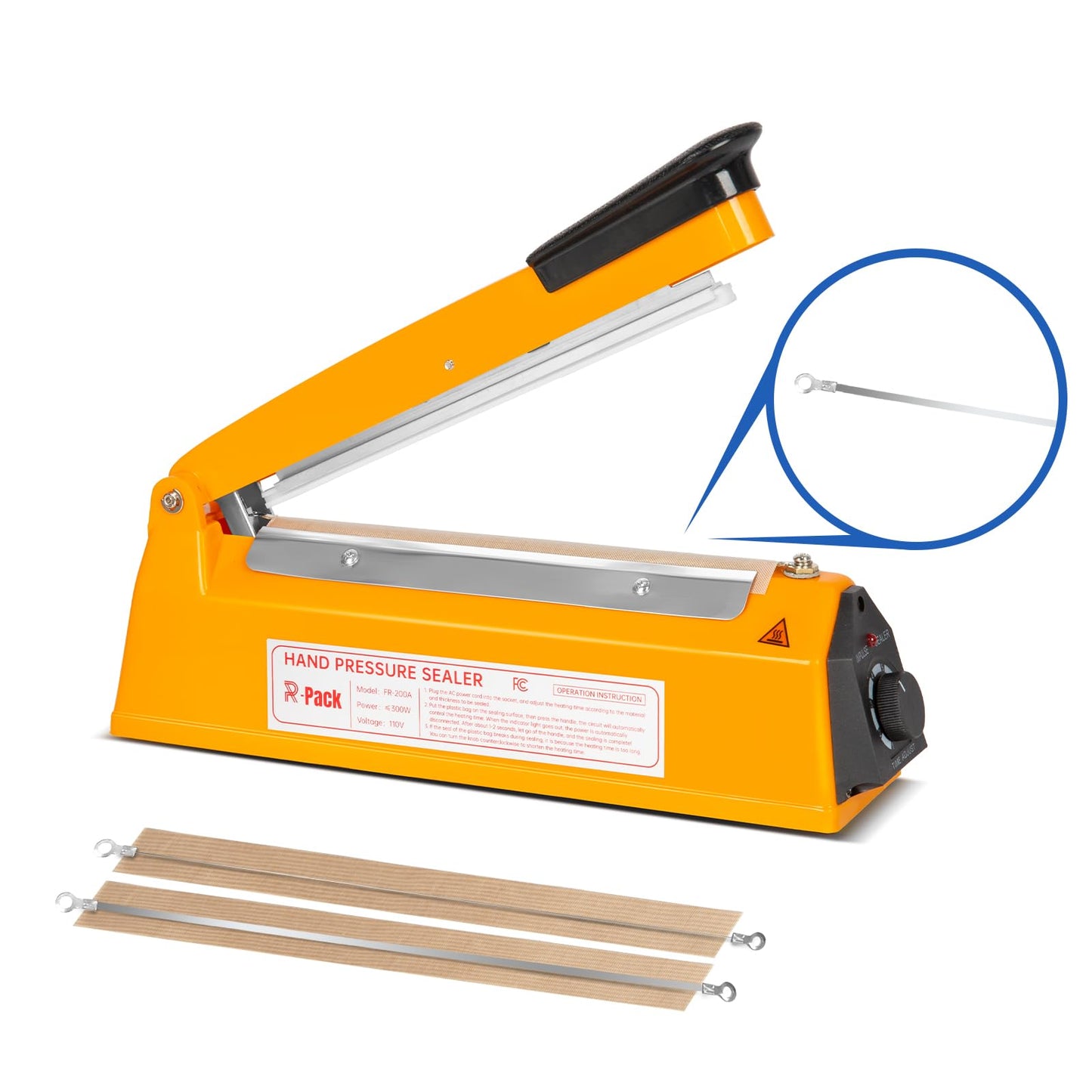 R-PACK Impulse Heat Sealer with Cutter, Heavy-Duty Bag Sealing & Cutting Machine, 2 Extra Replacements（Orange, 8inch）
