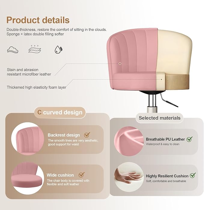 Small Desk Chair Round Rolling Chair with Back PU Leather Height Adjustable Swivel Vanity Work Computer Stool Chair for Home Office Bedroom, Set of 2