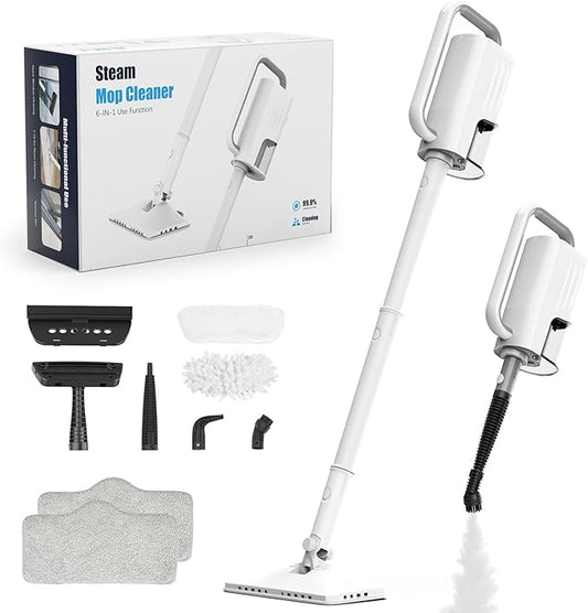 7-in-1 Steam Mop, 1200W Rotated Steam Cleaner for Home, 2 Modes, 400ML Removable Tank, 23FT Cord, 2 Washable Pads, Multi-Surface Steamer for Hard Floor, Laminate Floor, Tiles Cleaning (Fish White)