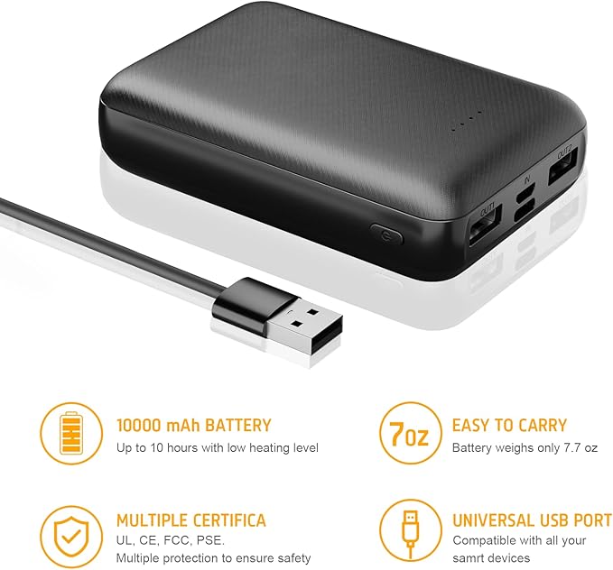 5V 2A Rechargeable Battery Pack for Heated Vest 10000mah Heated Jacket Battery Power Bank for Heated Vests Heated Jackets Heated Hoodies for Men Women(No DC Port, Not Suit for 7.4v)