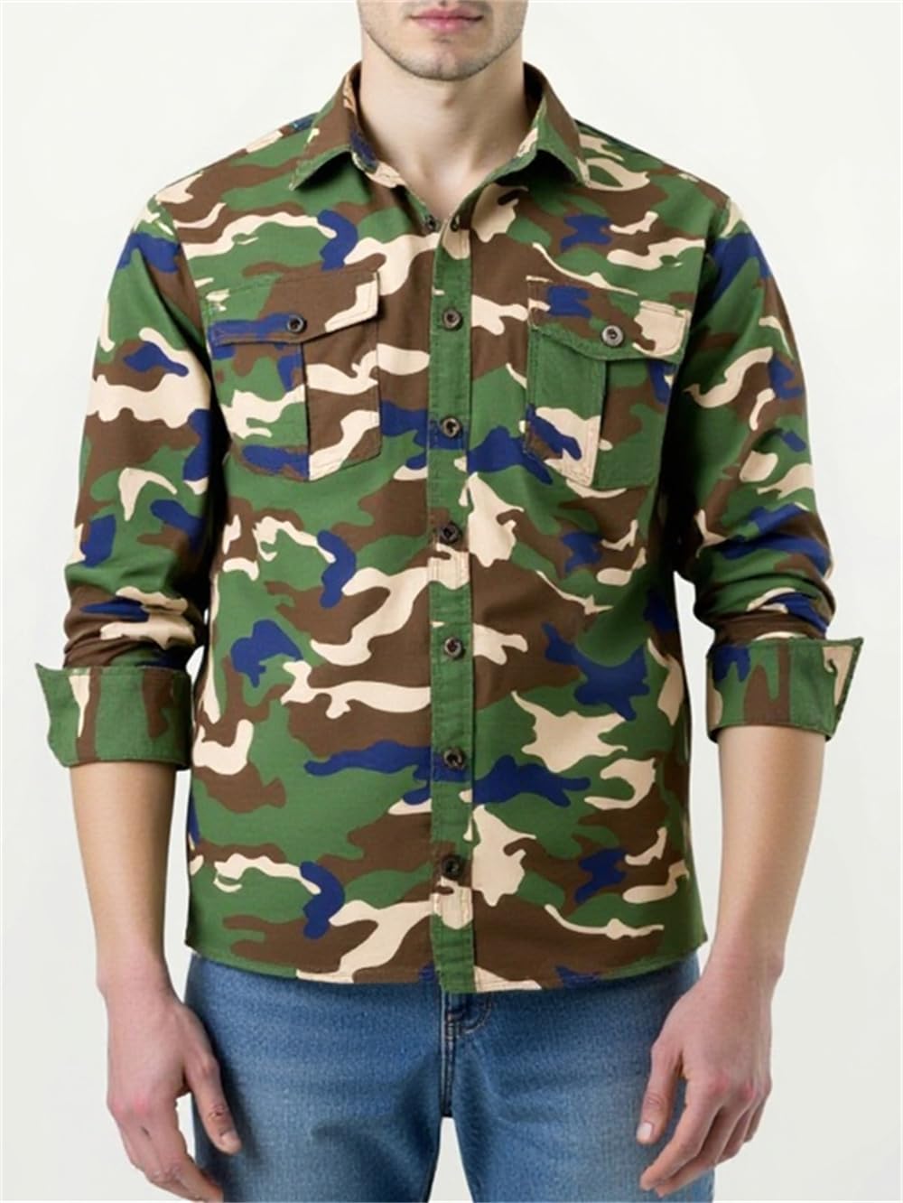PAODIKUAI Men Camouflage Denim Shirt Camo Washed Military Long Sleeve Shirts Casual Button Down Shirts(Camou 1,S)