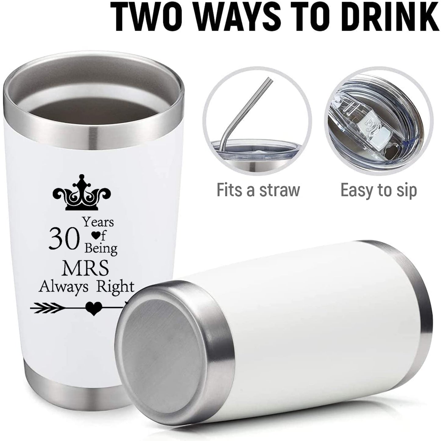 HLIKEM Set of 2 Wedding 30th Engagement Anniversary Tumblers for Couples Parents 20 OZ Stainless Steel Insulated Car Tumbler Travel Mug Mr Right Mrs Always Right 30 Years Anniversary Funny Present