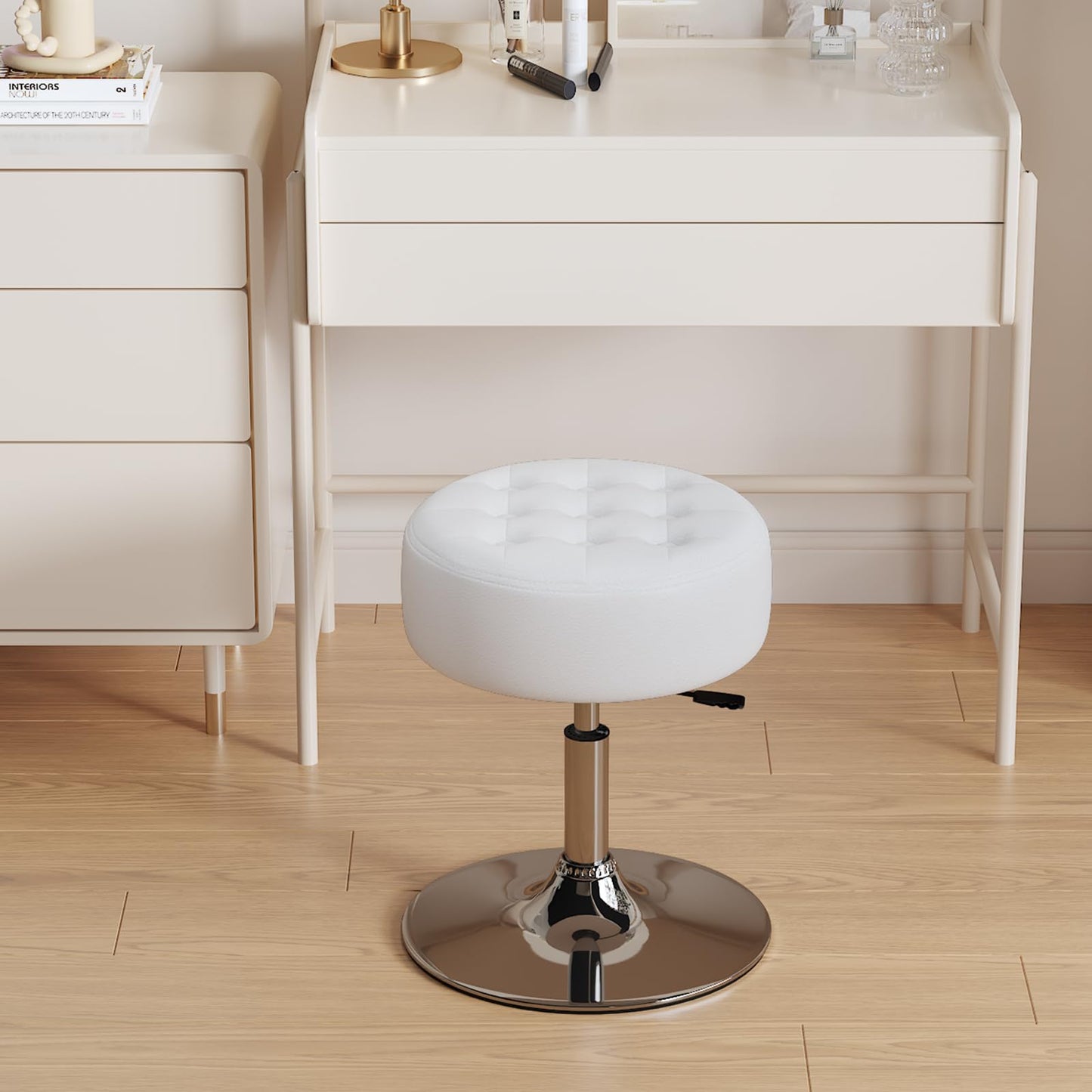 Furniliving Mid-Century Tufted Adjustable Swivel Makeup Ottoman Stool; Modern Big Size Round Vanity Stool Chair for Bedroom Living Room (White)