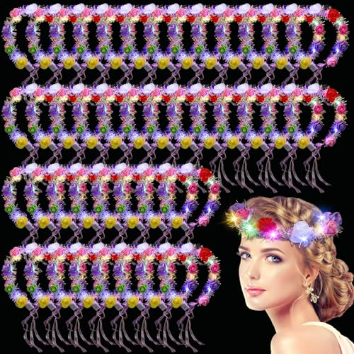 Syhood 40 Pcs LED Flower Headband, Light up Flower Crown Garland Headdress Floral Headpiece for Women Hair Accessories Bri...