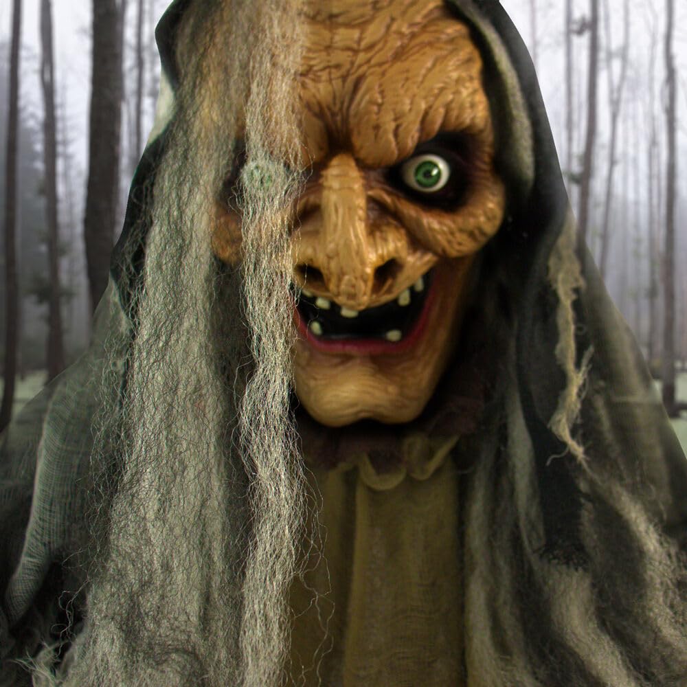 Haunted Hill Farm Life-Size Scary Poseable Talking Witch, Halloween Animatronic with Touch Activated Lights and Sound, Battery Operated Indoor or Covered Outdoor Halloween Decorations, Halloween Prop