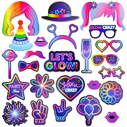 Qpout 25 Pieces Glow Party Photo Props, Neon Party Photo Booth Props, Fluorescent Selfie Props, Glow in The Dark Party Pho...
