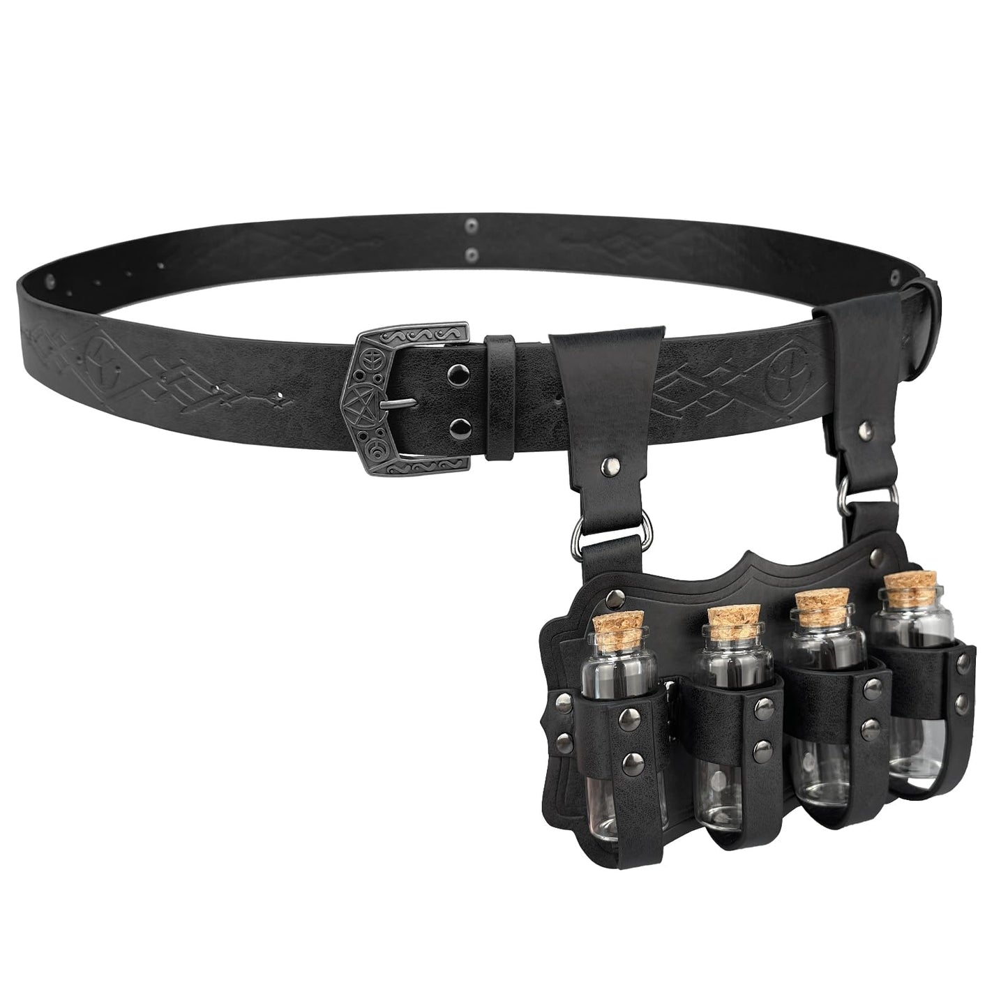 HiiFeuer Medieval Embossed Alchemy Faux Leather Buckle Belt with 4 Cork Vials, Fantasy Wizard Potion Bottles Belt (Black B)