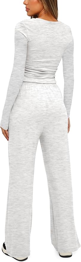 Darong Women's 2 Piece Outfits Lounge Sets 2026 Long Sleeve Tops Wide Leg Pants Casual Matching Set