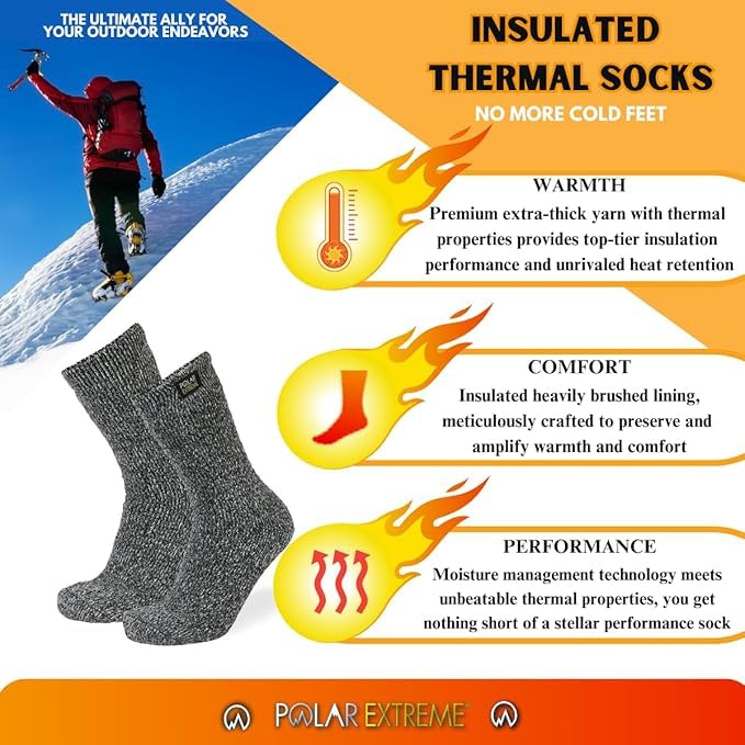 Polar Extreme Thermal Hiking Socks – Cushioned, Insulated, Warm para Boots, Men & Women, One Size Fits Most 6-12, 2-Pack